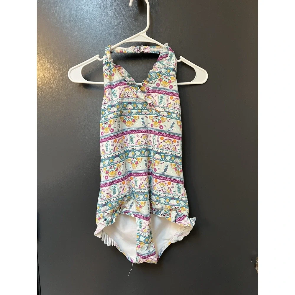 Garnet Hill Kids Girls' Sz 14 Ruffle-Trimmed Halter One-Piece Swimsuit